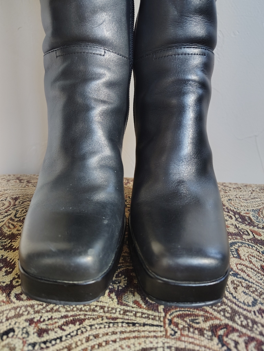 Women's SOHO LAB Black Square Toe Buckle Platform Block Heel Boots Size